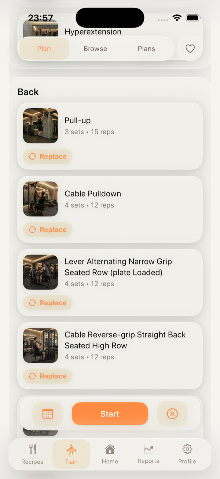 Up2You workout plan screen showing back exercises with sets and reps